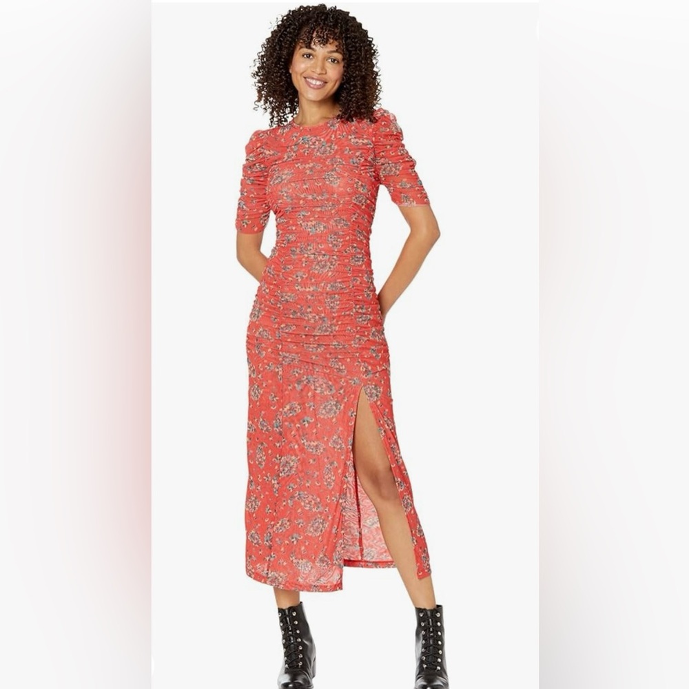NWT Free People Briella Red Floral Ruched Mesh Slinky Slit Midi Dress -Sโฆ